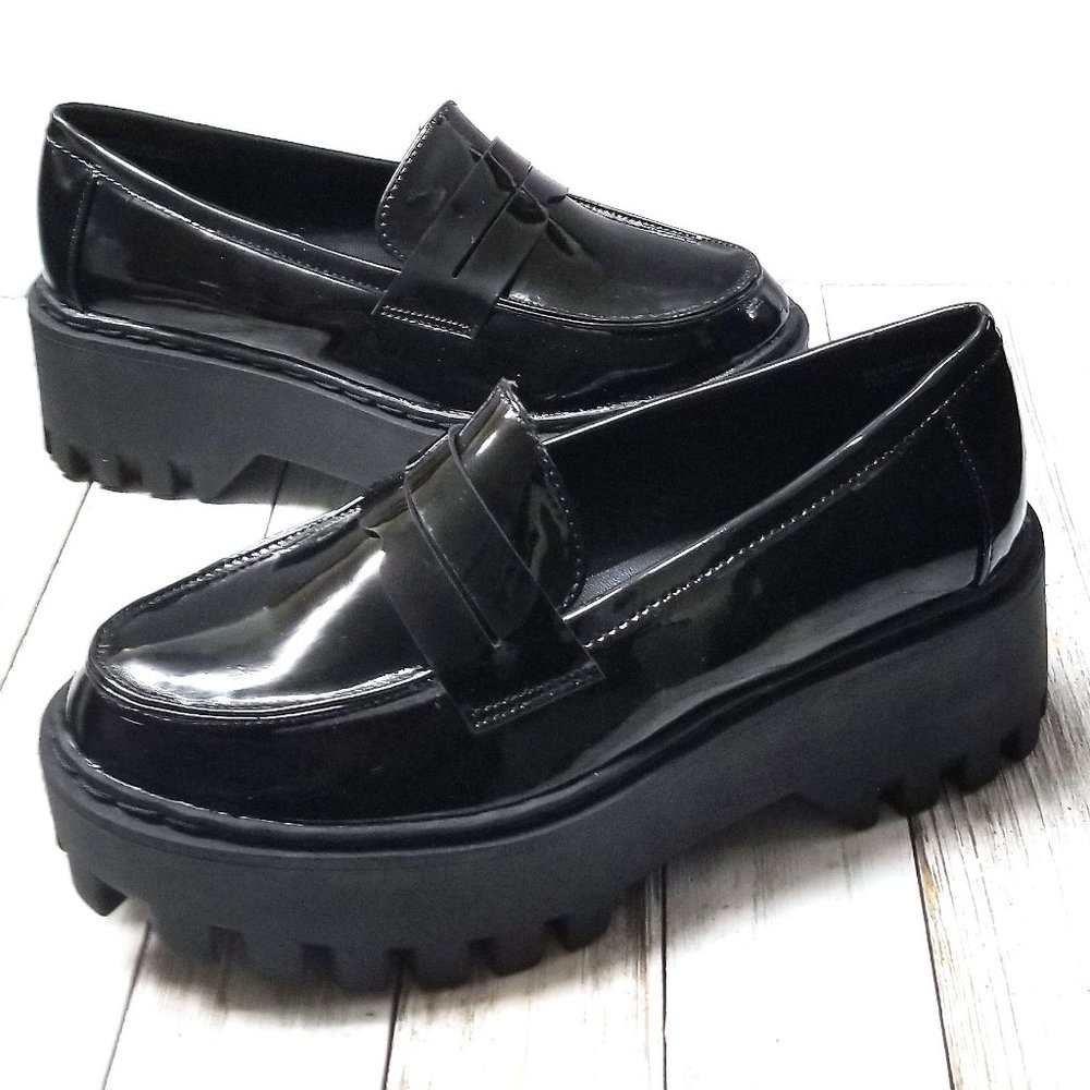 New Black Patent Platform Slip On Penny Loafers